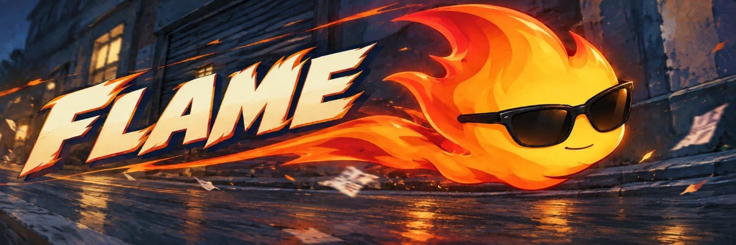 FLAME wordmark with the mascot streaking through a night street