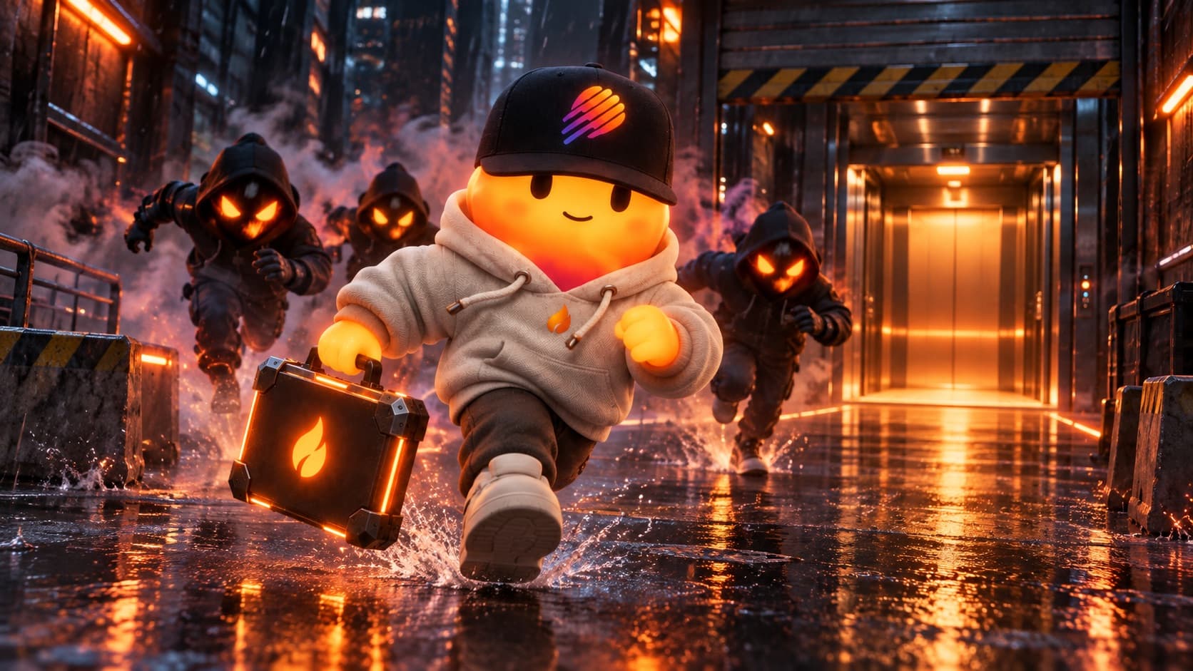 FLAME sprinting down a wet neon alley with the glowing briefcase, three hooded figures with burning jack-o-lantern faces closing in behind him, an open lift waiting at the far end.