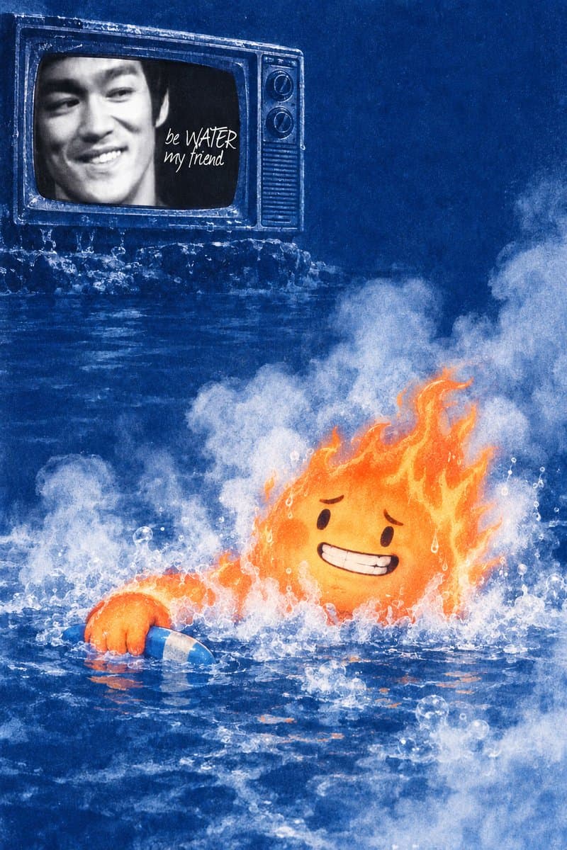 Blue-washed collage: a vintage television set floats above choppy water playing a smiling Bruce Lee beside the words 'be WATER my friend', while below him FLAME founders in the waves, clinging to a life ring with a panicked grin as steam pours off his head.