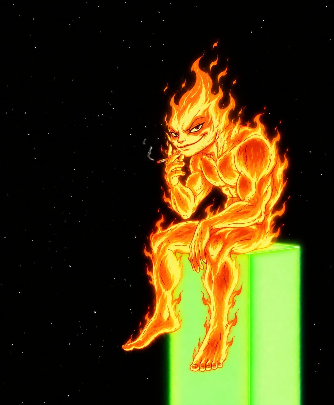 A muscular figure made entirely of flame sits on top of a tall glowing green candle against a black starfield, one leg crossed over the other, smirking with a lit cigarette held up by his chin, a thin curl of smoke drifting off it.