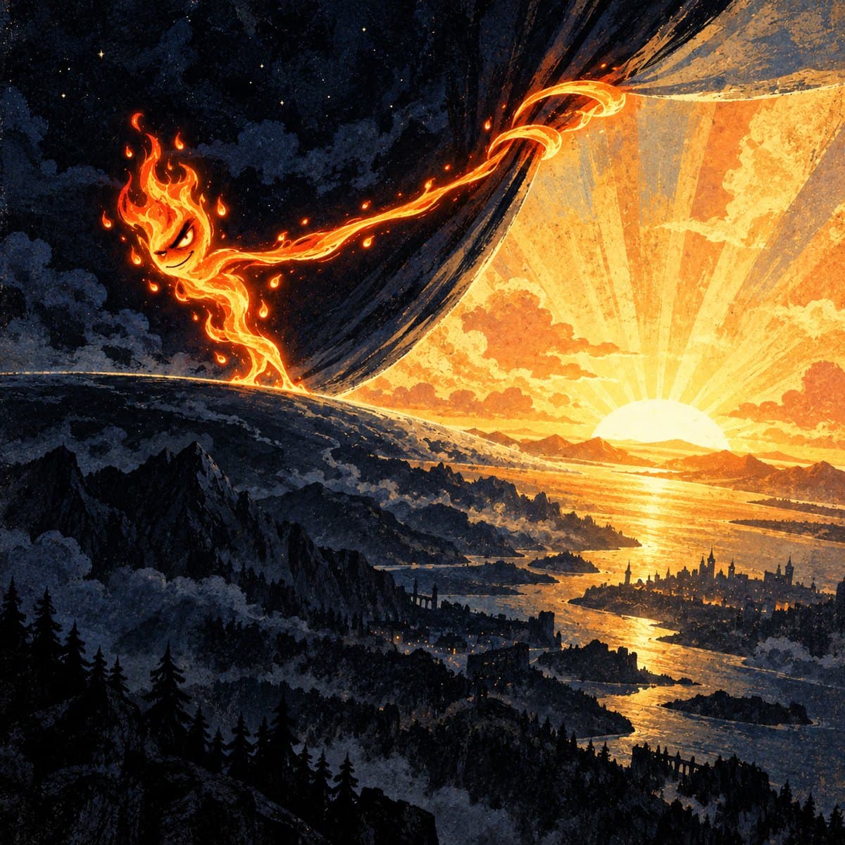 Etched, woodcut-style illustration: a ribbon of living flame with a sly grin hauls the star-filled night back like a heavy curtain, revealing a blazing sunrise over a valley of dark pines, mountains, a winding river and a distant spired city.