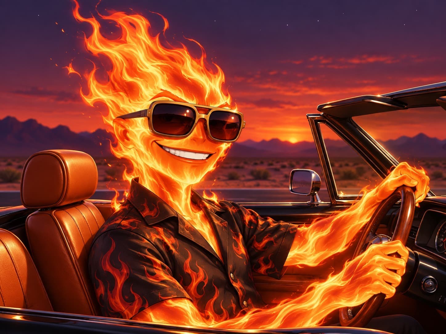 FLAME grins behind gold-rimmed sunglasses at the wheel of an open-top classic car with tan leather seats, wearing a flame-print shirt, as the sun sets red over desert mountains.