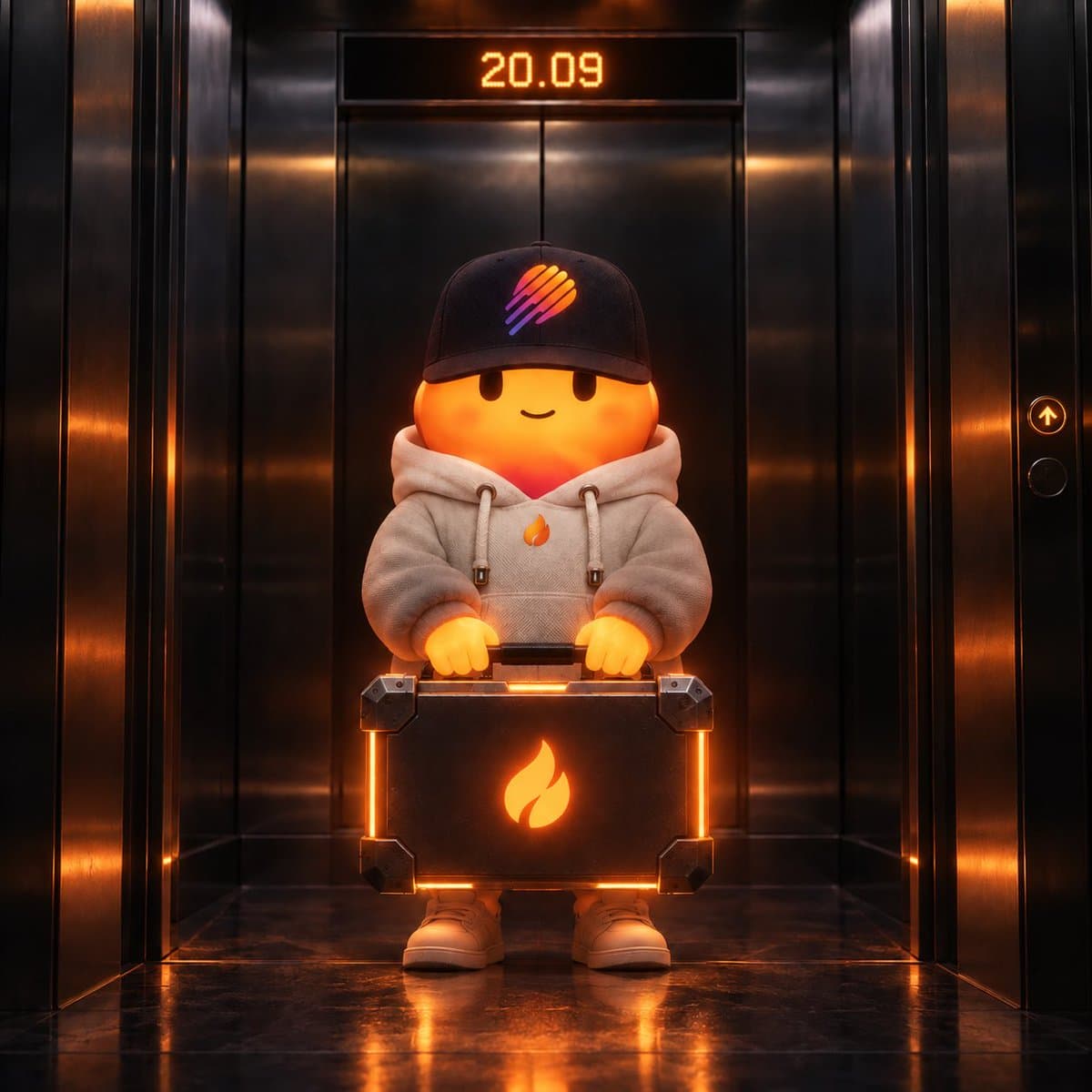 FLAME alone in a brass lift, the floor display reading 20.09, black Ember-logo cap and cream hoodie, both hands gripping a scuffed metal briefcase whose flame emblem glows orange.