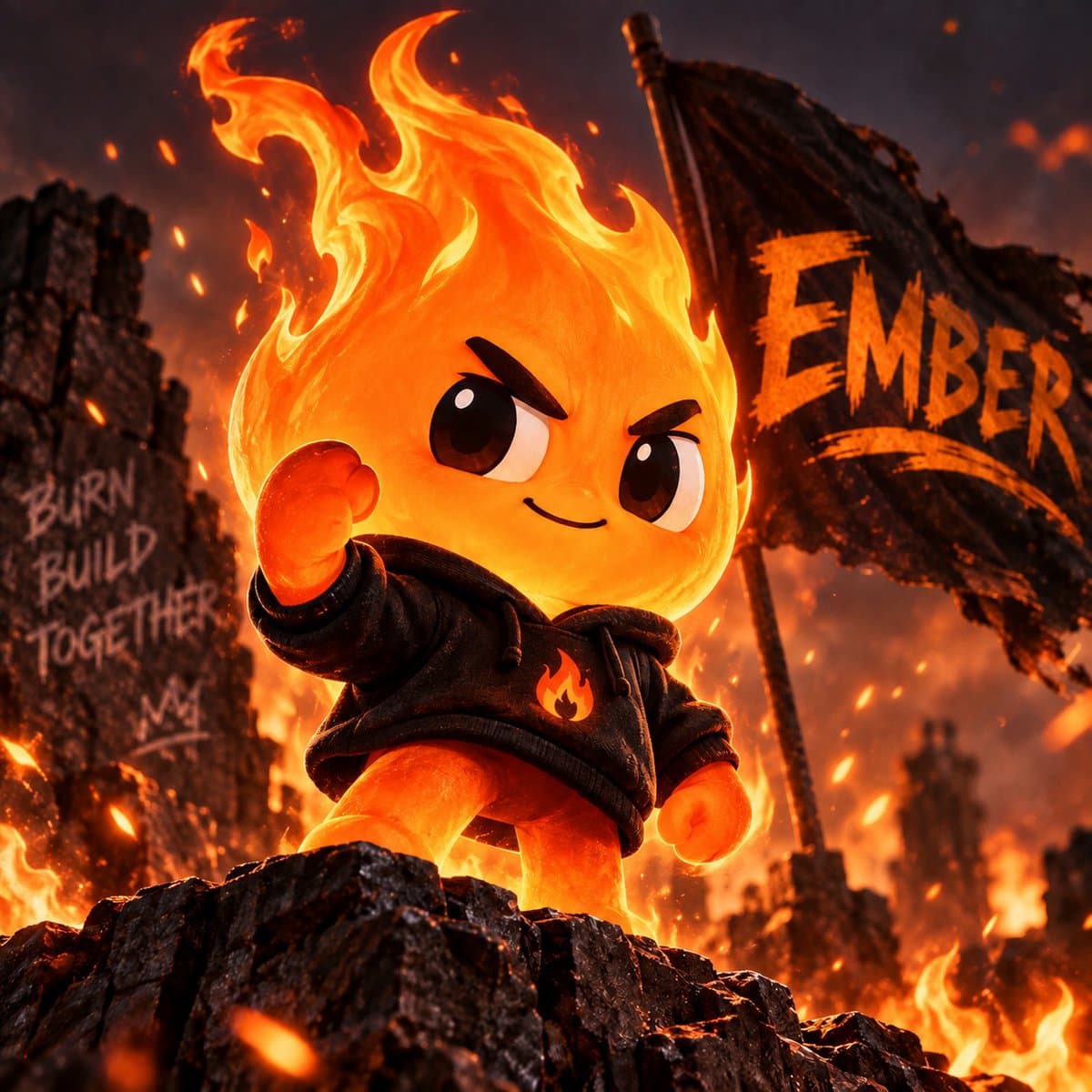 Chibi FLAME in a black hoodie with a flame crest stands fist-raised on a ridge of burning rubble, a tattered EMBER banner snapping behind him and BURN BUILD TOGETHER carved into the rock at his side.