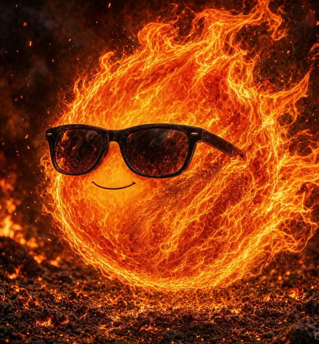 A roaring ball of fire resting on smouldering ground, wearing black wayfarer sunglasses and smiling, embers drifting off its edges.