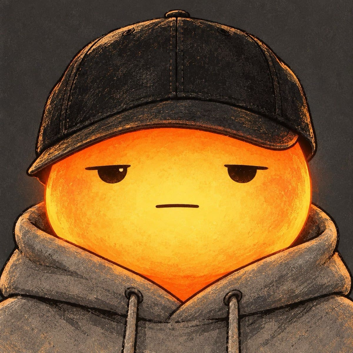 Profile-picture portrait: FLAME as a glowing orange orb with heavy-lidded, thoroughly unimpressed eyes, under a battered black cap with a grey hoodie pulled up around him.