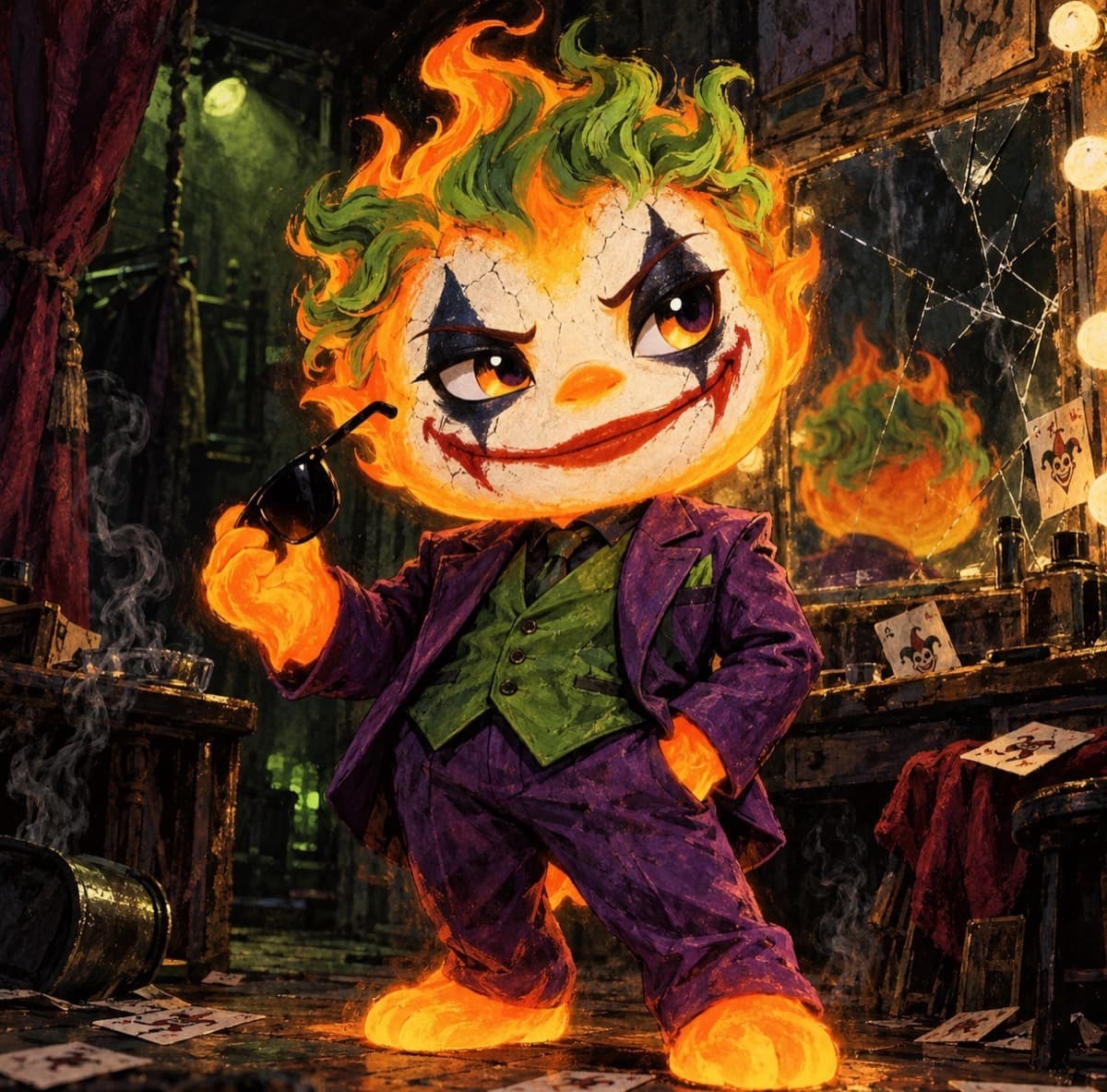 FLAME as the Joker in a dressing room, green flame hair, painted white face with a red grin, purple suit and green waistcoat, holding his sunglasses out in one hand.