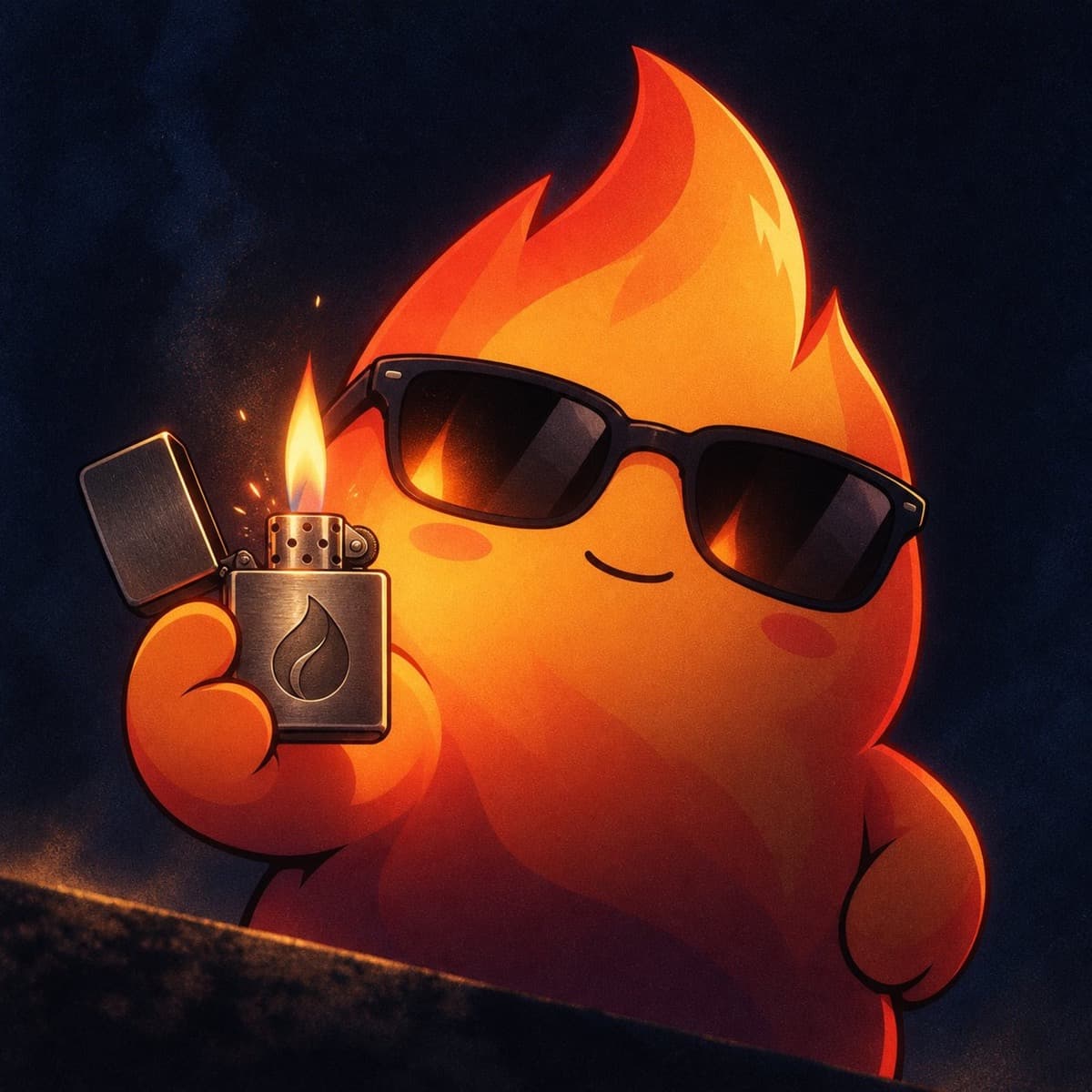 FLAME in close-up at dusk, wayfarer sunglasses on, holding an open chrome lighter with a flame-drop engraved on it, the flint just caught.