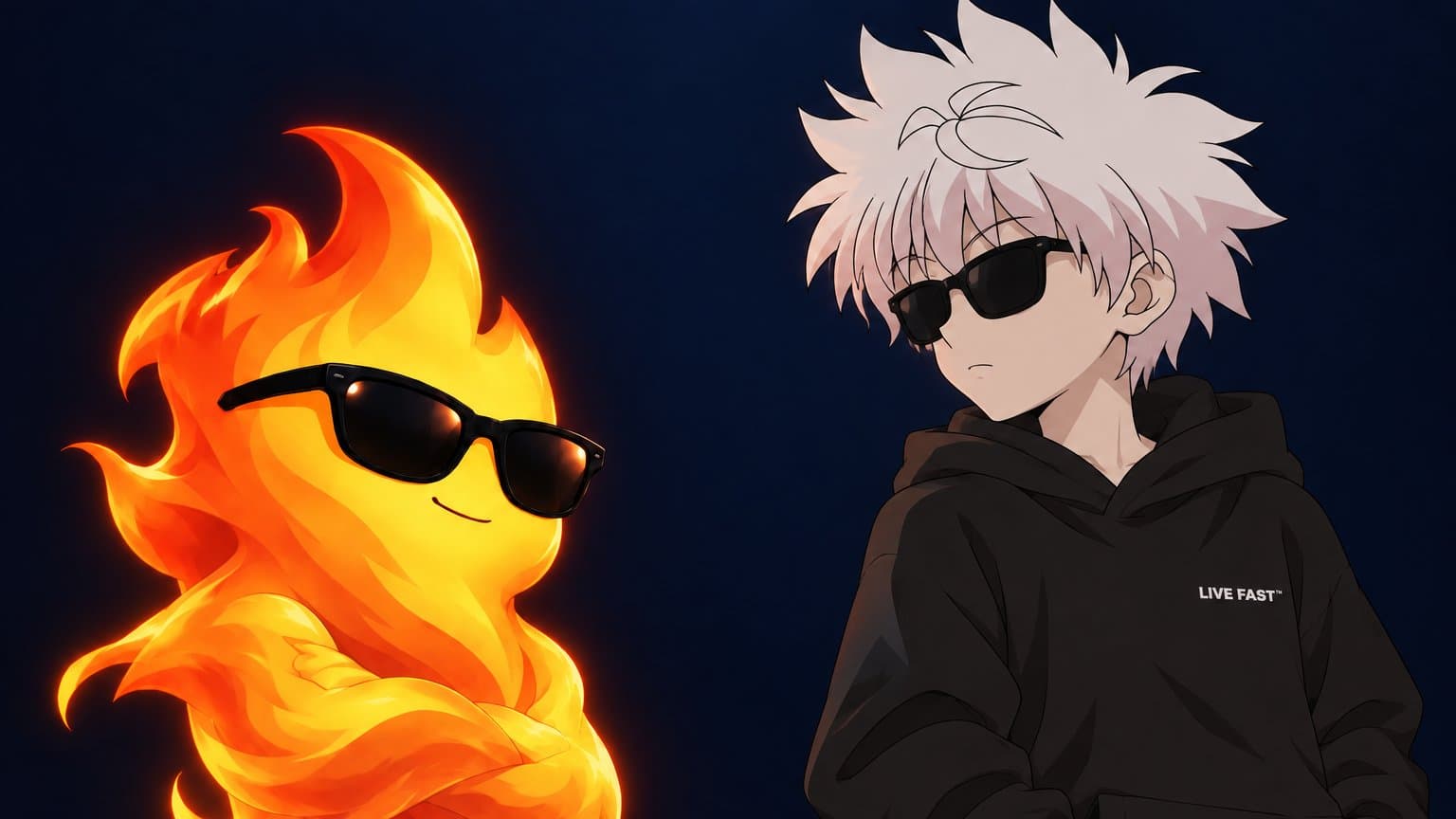 FLAME in black sunglasses with a small smile and arms crossed, glowing orange against a dark navy background, standing beside a white-haired anime character in matching sunglasses and a black hoodie printed with 'LIVE FAST'.