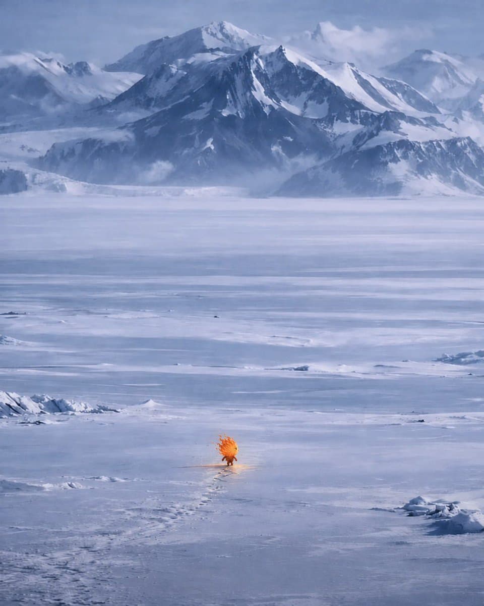 A vast frozen plain under pale grey mountains, empty in every direction, with one tiny flame figure walking across the ice near the bottom of the frame, leaving a thin glowing trail of melted footprints behind him.