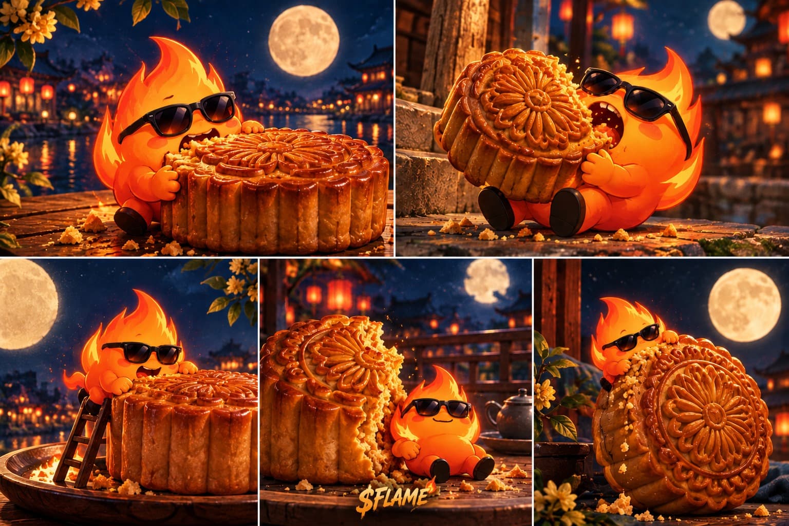 Five panels of chubby FLAME in black sunglasses under a full moon by a lantern-lit river town, taking on a mooncake bigger than himself: biting it, hugging it, climbing it on a ladder, napping against it and peeking over the top.