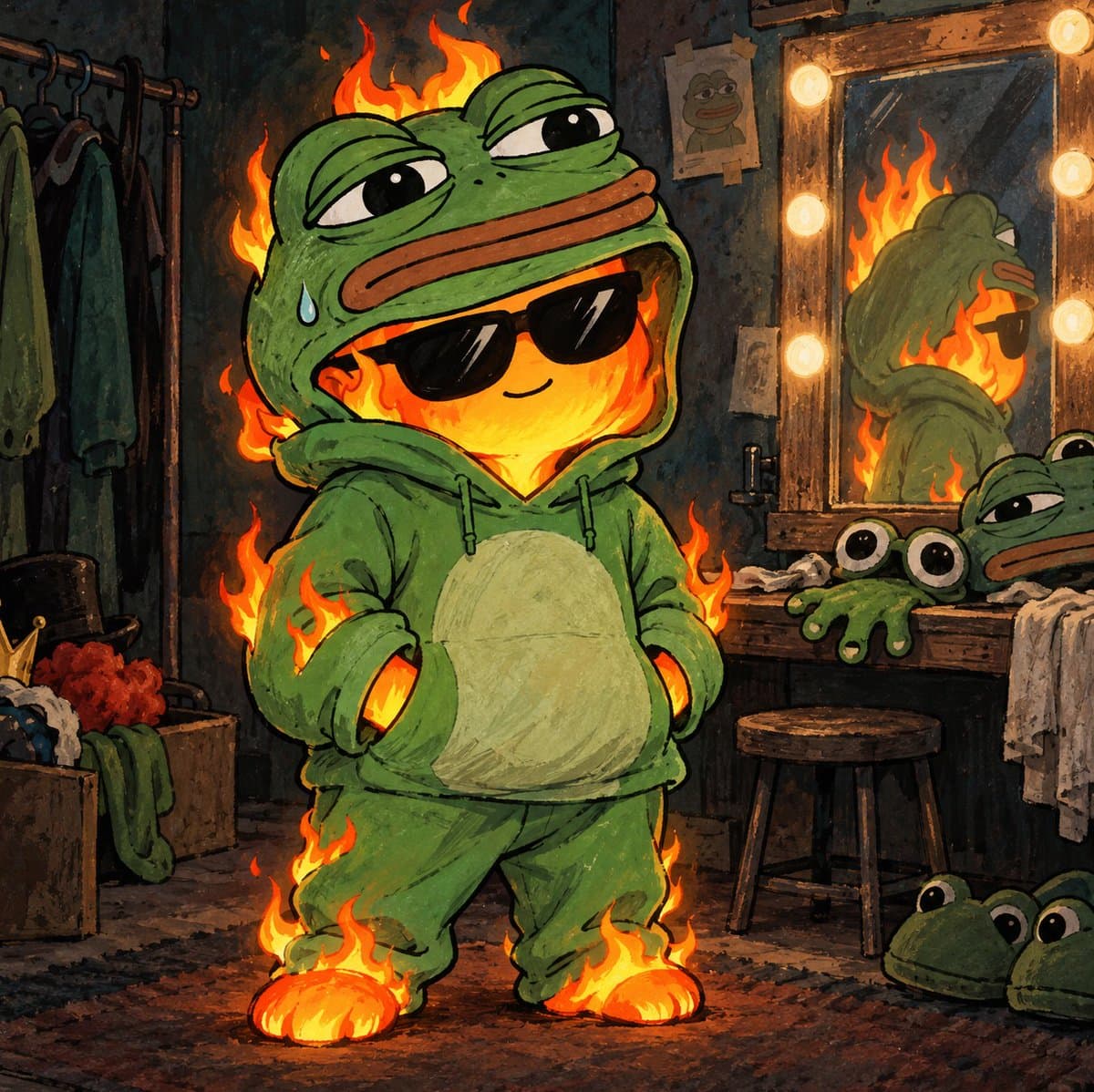 FLAME in a baggy Pepe the Frog costume in a dressing room, hood up over his sunglasses, spare frog heads on the table and his reflection in the bulb-lit mirror.