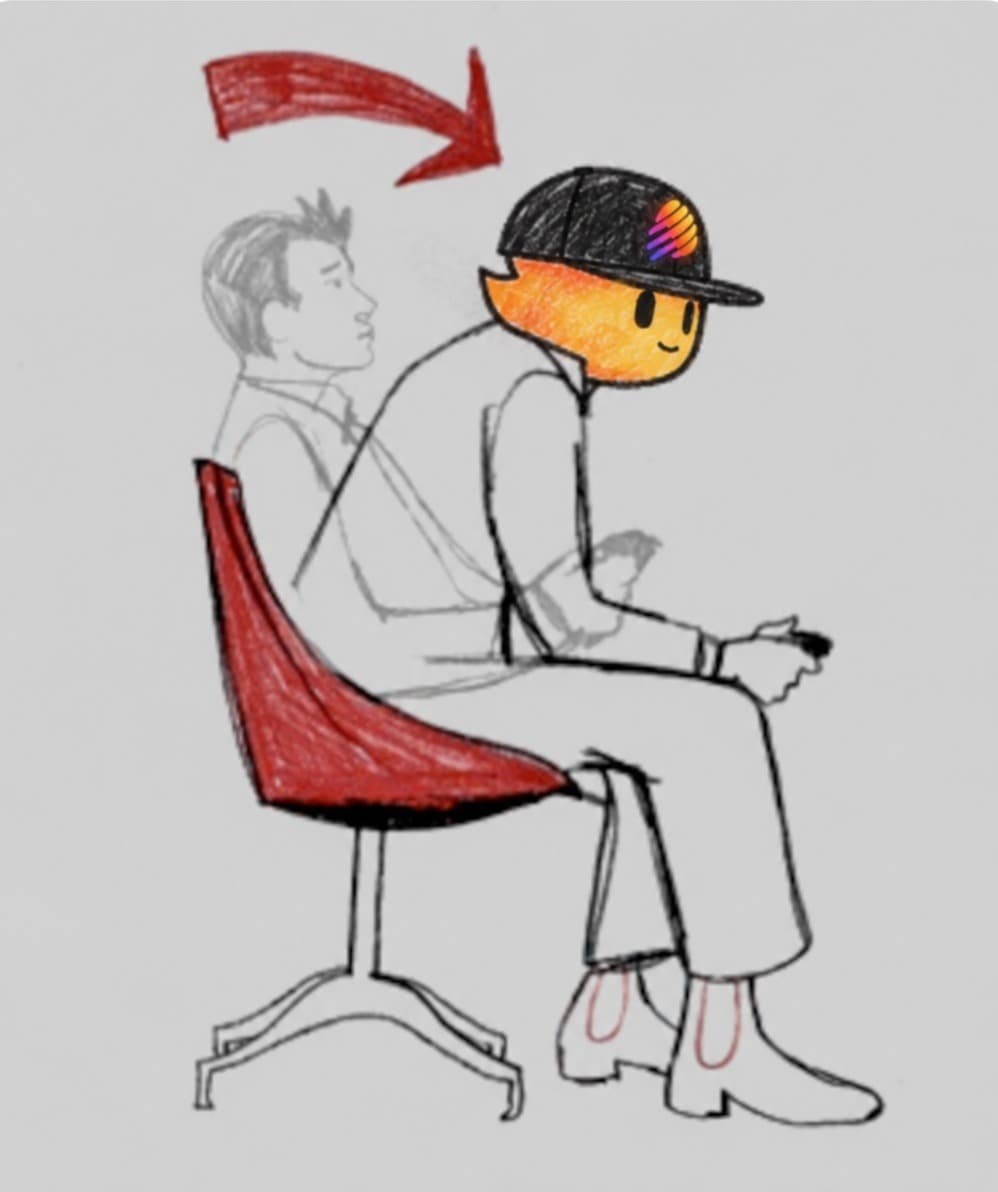 Hand-drawn riff on the Roaring Kitty meme: a sketched man leaning forward in a red office chair, redrawn with a flame head in a black Solana cap, a red arrow pointing him out.