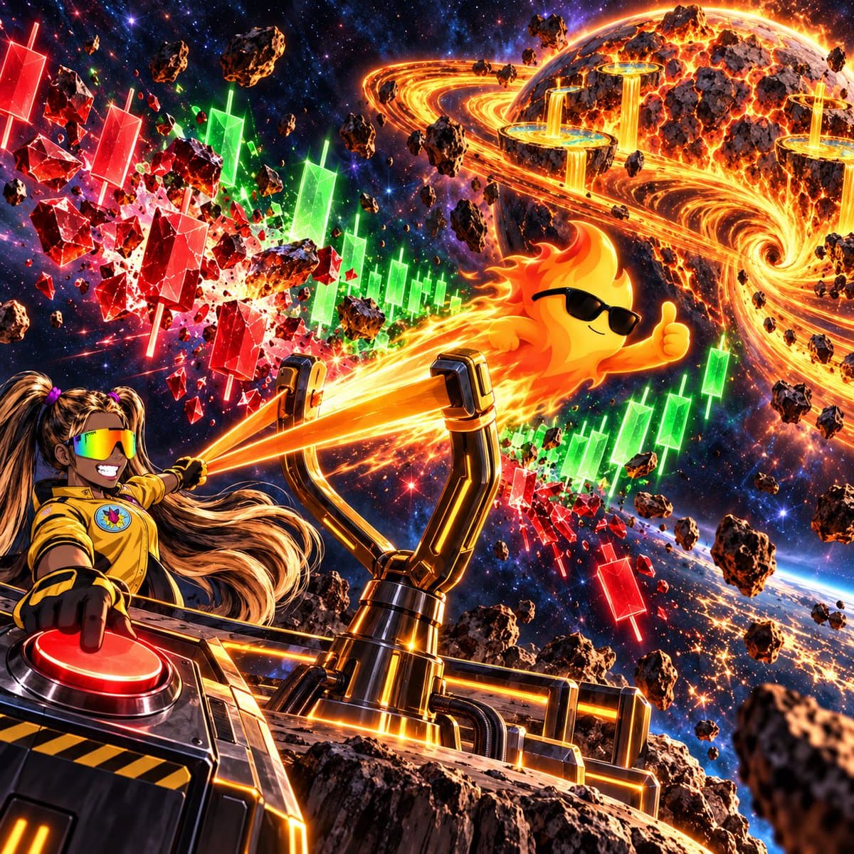 Comic panel: a visored pilot hauls back a giant golden slingshot and launches FLAME, thumbs up behind sunglasses, past red and green candles toward a molten ringed planet.
