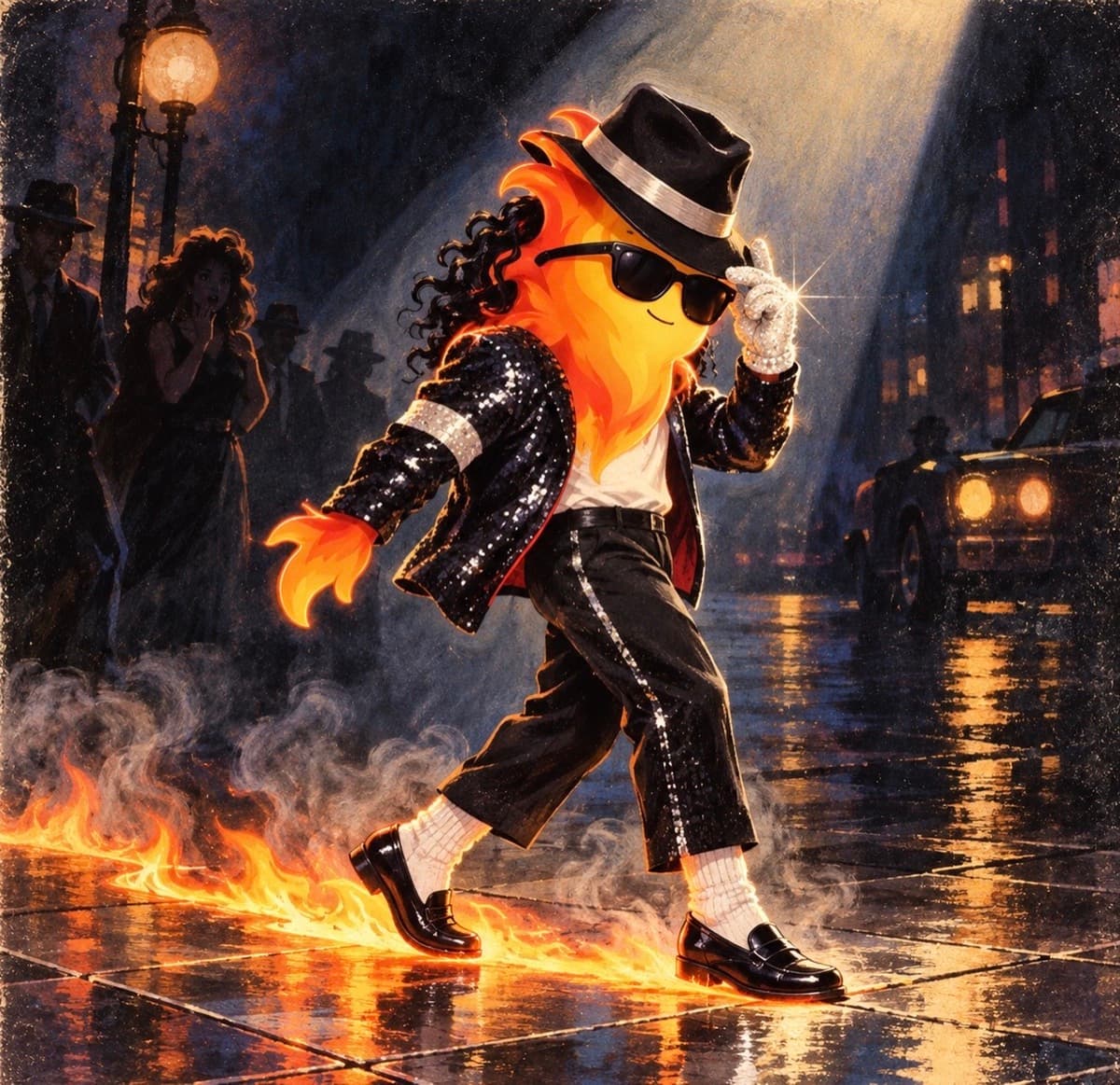 FLAME dressed as Michael Jackson mid-lean on a rain-slick street at night, black sequinned jacket, fedora and a single sparkling glove, leaving a trail of fire across the pavement while onlookers gasp.