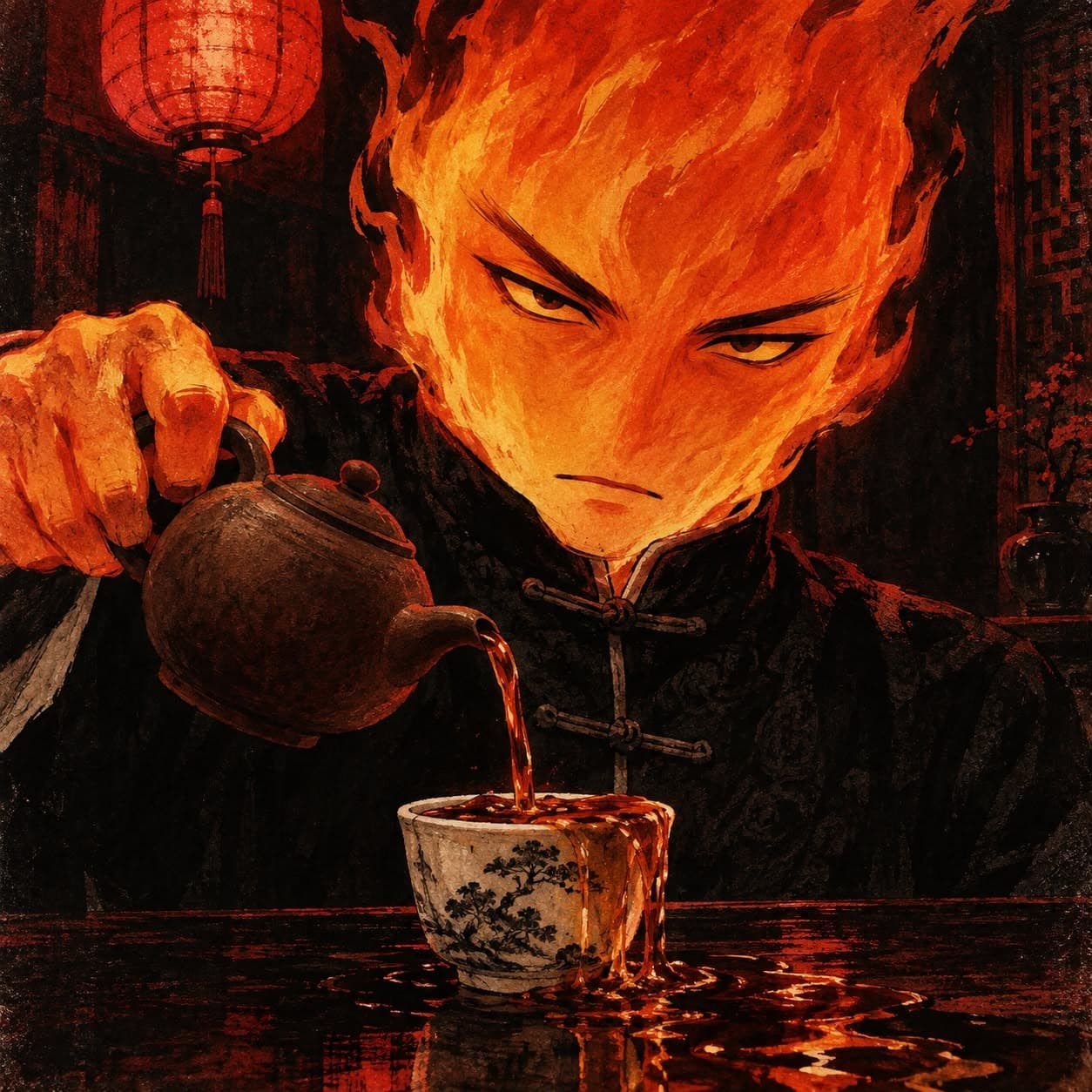 FLAME in a black mandarin-collar jacket pours dark tea from a clay pot into a blue-and-white porcelain cup, gazing flatly as the cup overflows and spills across the lacquered table under a red paper lantern.