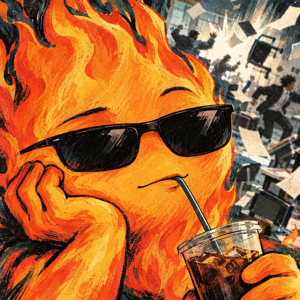 Crayon-textured illustration: FLAME in wayfarer sunglasses leans on one fist in close-up, sipping an iced drink through a straw, while behind him an office floor empties in panic — people running, papers in the air, chairs knocked over.