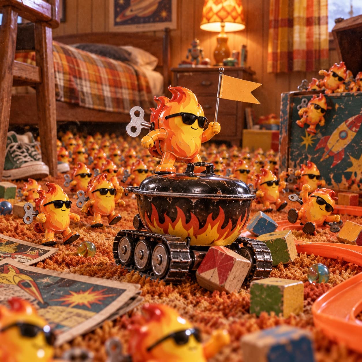 A vintage child's bedroom carpeted end to end with wind-up tin flame toys in sunglasses, one riding a flame-painted tracked tank and waving a flag over the rest.