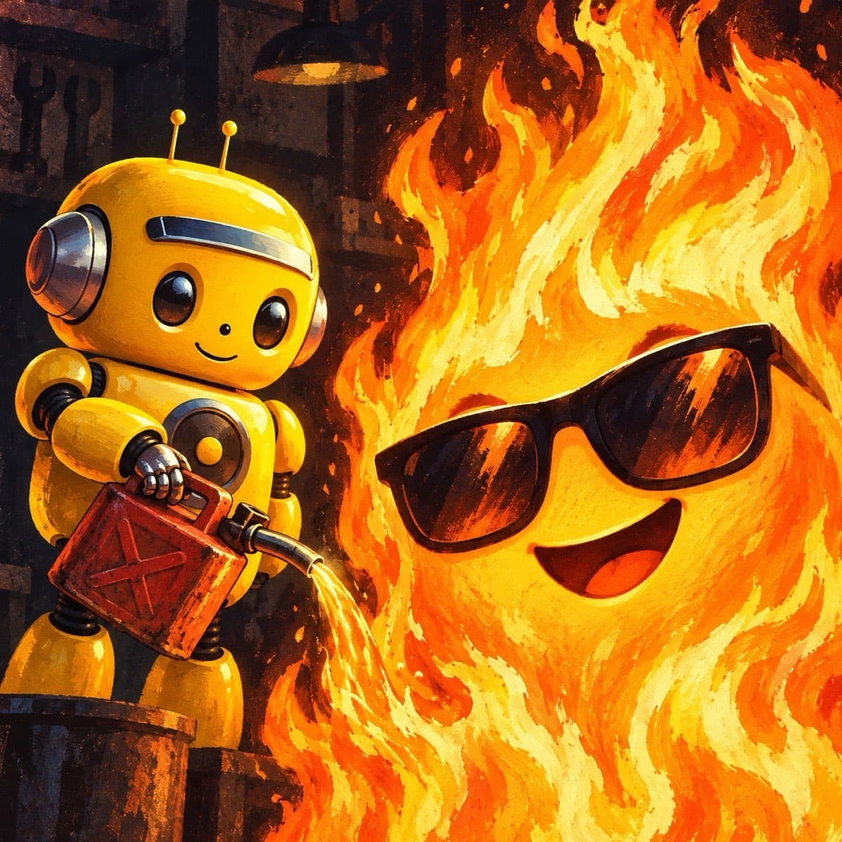 A yellow toy robot with antennae and big round eyes tips a red jerrycan of petrol into a blaze, while FLAME grins beside it in wayfarer sunglasses as the fire climbs past them both in a dim workshop.