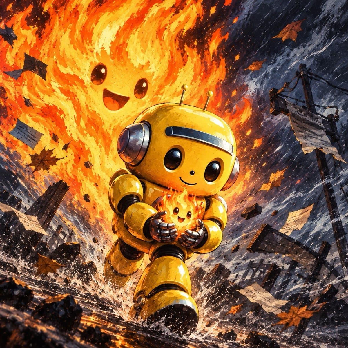 The same yellow toy robot runs through a burning, wind-torn street cradling a tiny grinning flame in both hands, a huge laughing FLAME rising in the sky behind it and leaves and debris flying past.