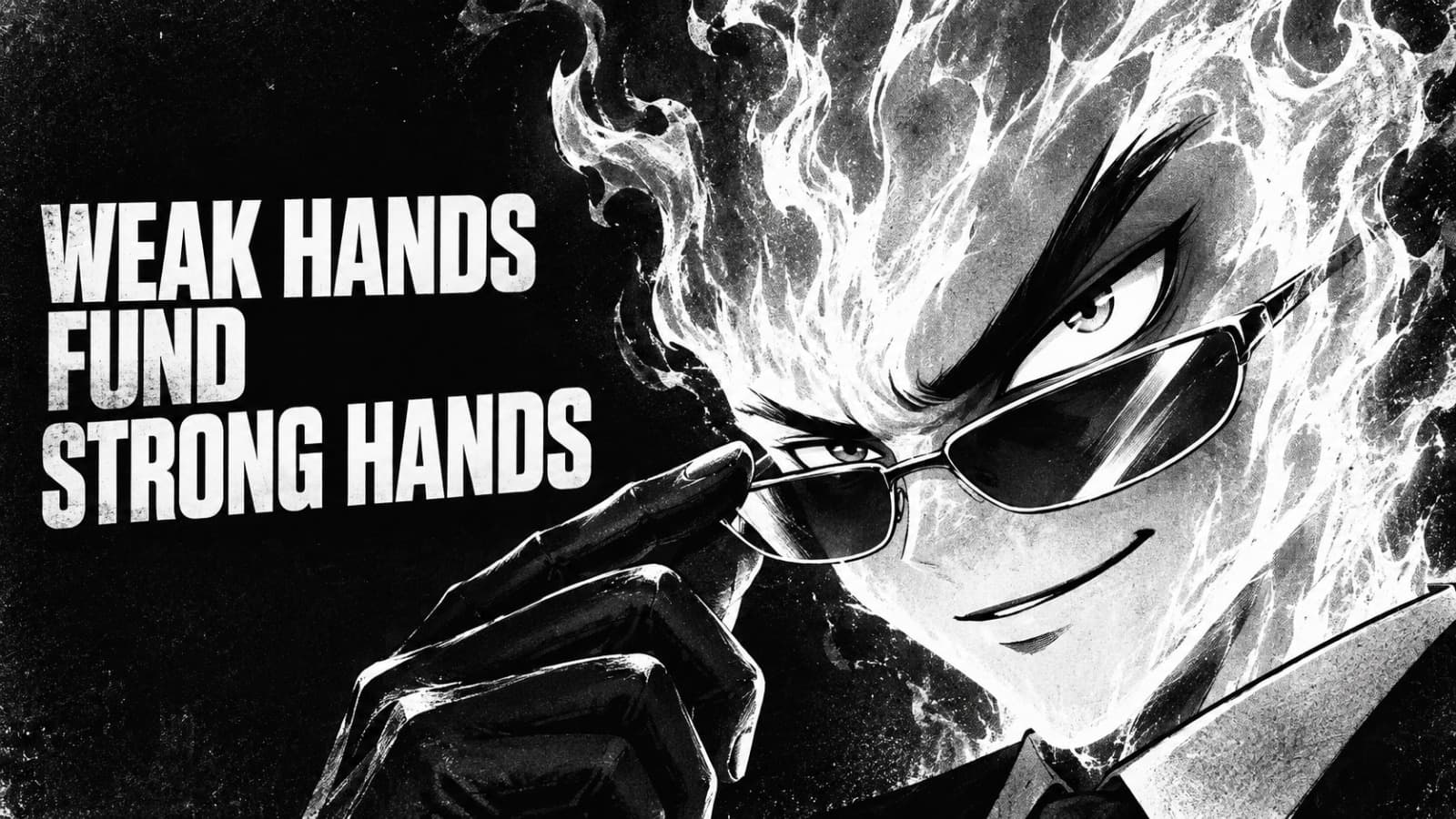 Black-and-white manga panel of FLAME in a suit and gloves, lowering his sunglasses with a sly smile beside the words WEAK HANDS FUND STRONG HANDS.