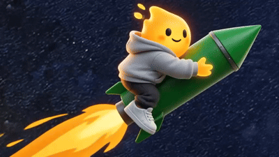 Looping animation of a little flame character in a grey hoodie riding a green rocket through a starfield, thumbs up, exhaust trailing behind.